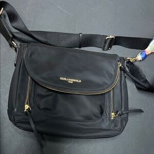 Karl Lagerfeld Black messenger Crossbody nylon shoulder Bag with Gold Accents